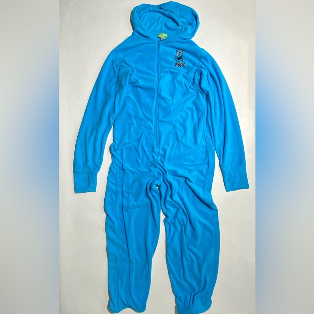 GOOD Size XXL Unisex Sesame Street Cookie Monster Fleece Hooded Pajama One Piece